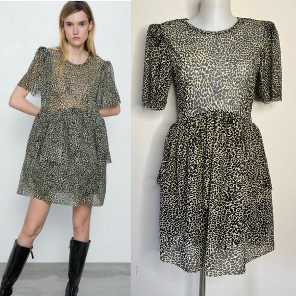 Zara Dress Leopard Animal Print Tulle Tiered Skirt Mesh Short Sleeve Sz L - Picture 1 of 16